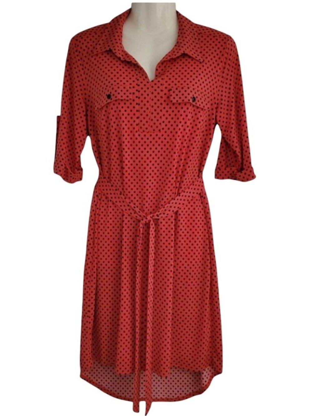 Enfocus Studio Women's Red Black Polka Dot High-Low Hem Shirt Dress Size 8 - Picture 2 of 9